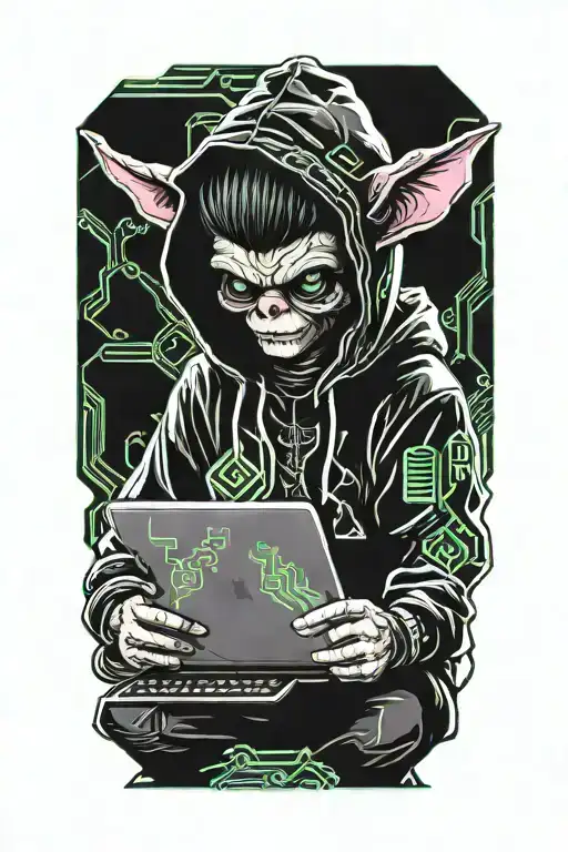 Gremlin Hacker Wearing A Hoodie Using A Laptop Circuit Board