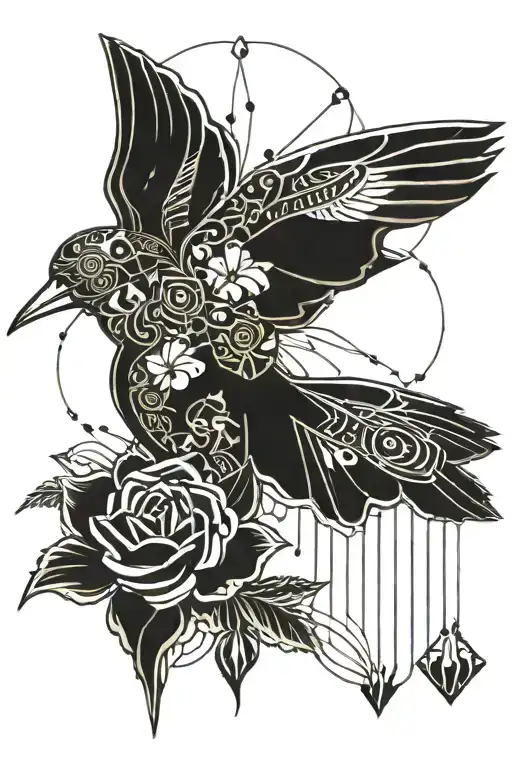 Flowers Lillie's And Roses With Birds Spread Wings With Line Design Pattern