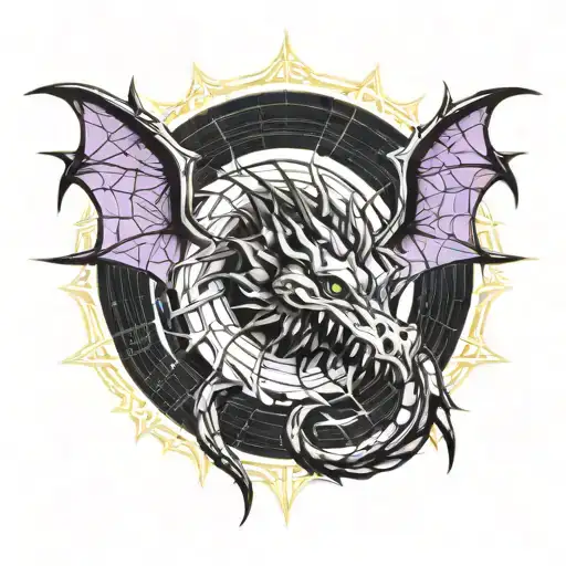 Black Dragon Ouroboros With Spikes Entwined With Skeletal Ouroboros Flying In Space