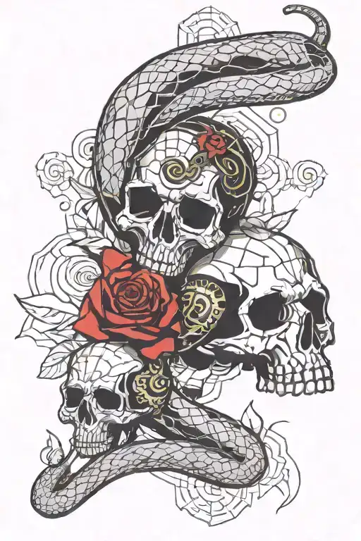 Black Mamba Snake With Skull And Roses