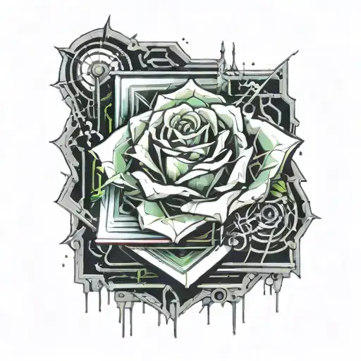 Crystal Rose Coming Out Of An Open Book Surrounded By Motherboard Thorns