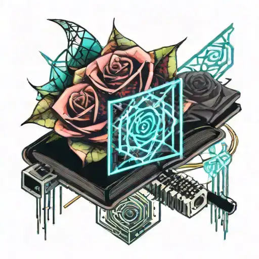 Crystal Rose Coming Out Of An Open Book Surrounded By Motherboard Wires