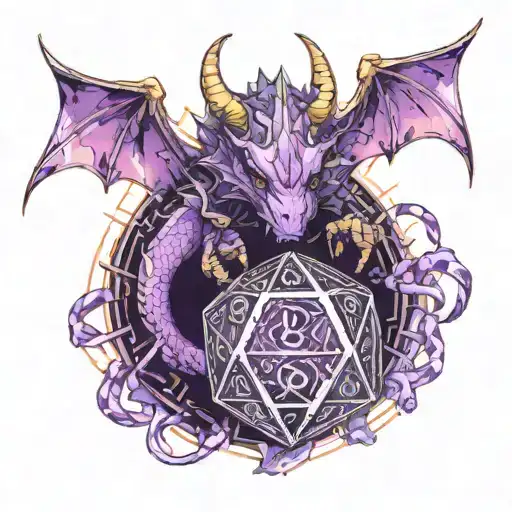 Dragon Cleric Behind A D20 Dice Surrounded By Purple Ribbon