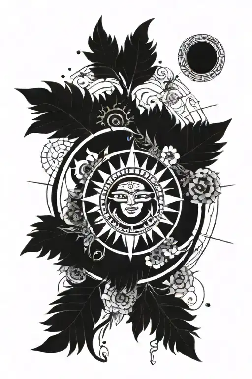Aztec Sun And Moon Surrounded Flowers