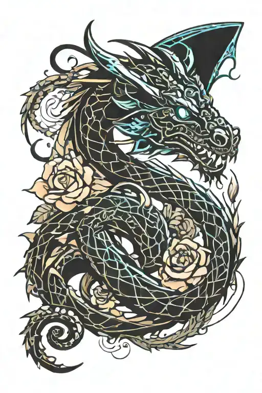 Dragon Curled With Flowers Intertwined