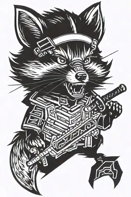 Angry Raccoon Grins In Samurai Style With Samurai Swords
