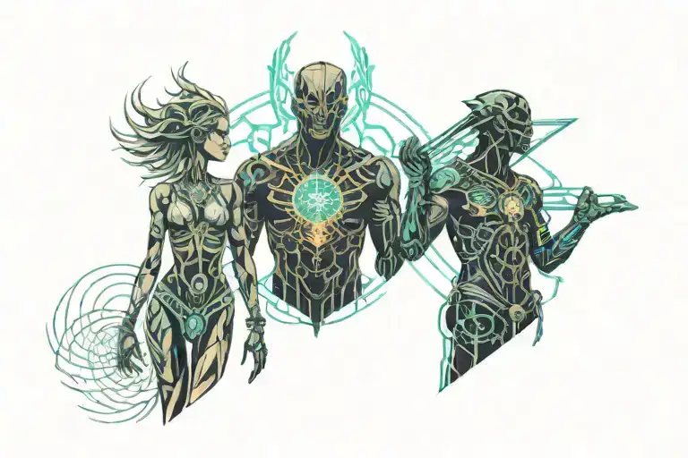 A Male God And Female God Full Body Standing Side By Side Symbolizing Death And Rebirth