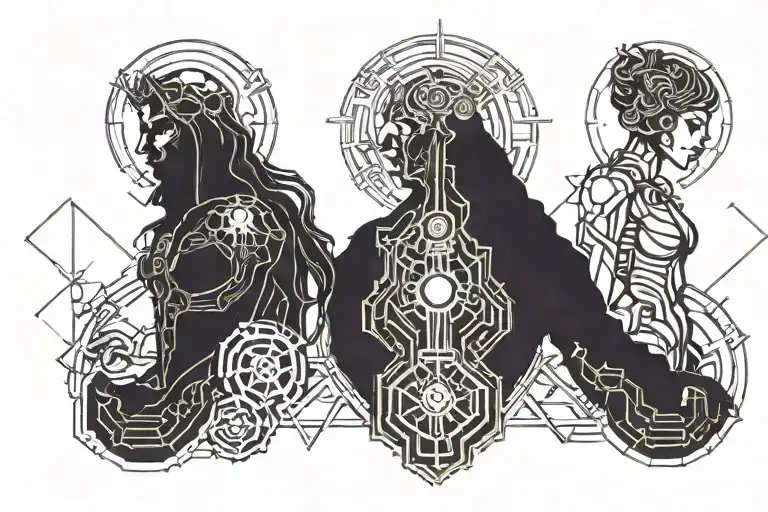 A Male God And Female God Full Body Standing Side By Side Symbolizing Death And Rebirth