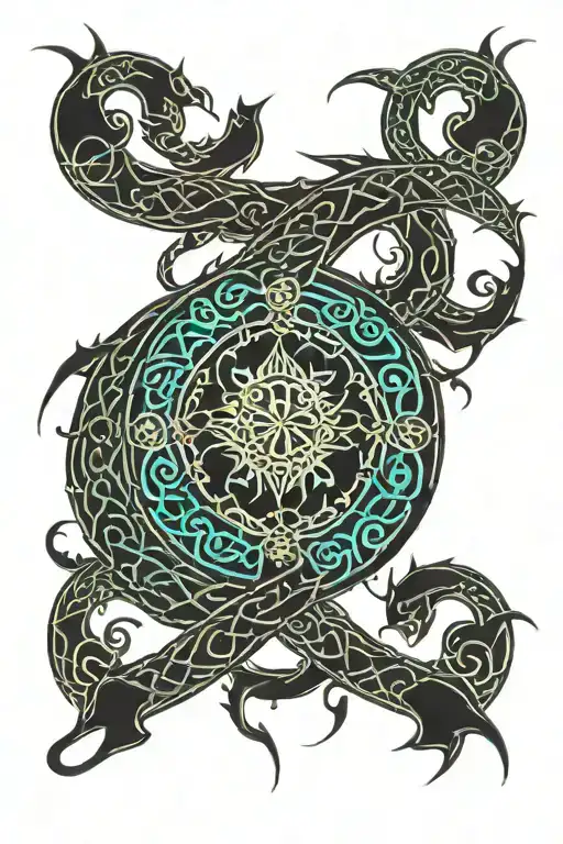 Celtic Dragon With Circle And Patterns In Black