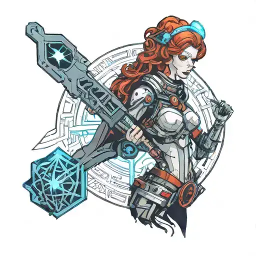 Red Head Lady In Space With Carpenter Hammer And Blue Sword