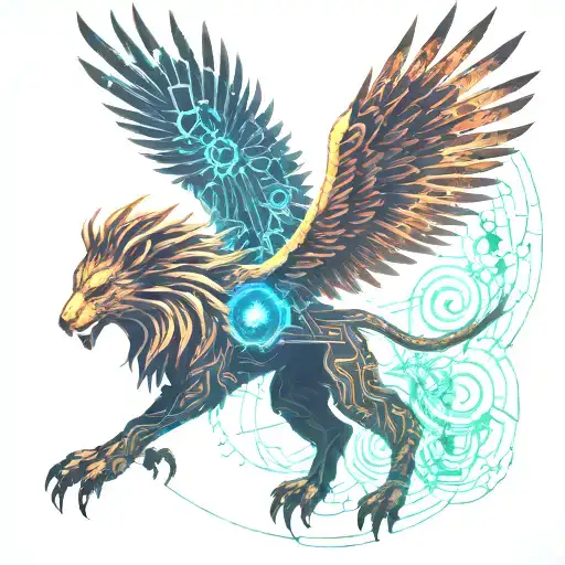 A Pheonix Flying Behind A Lion