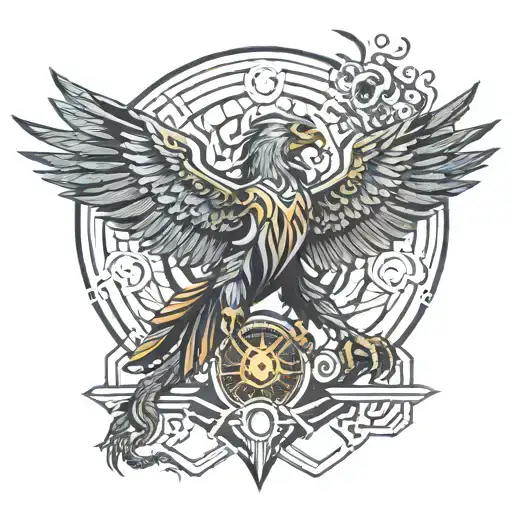 A Pheonix Flying Behind A Lion