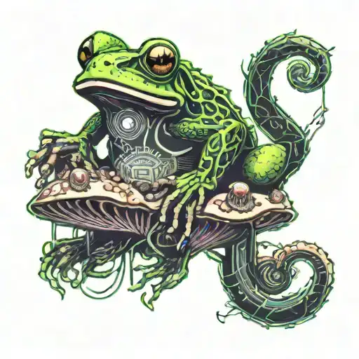 A Frog With A Googlee Eye Sitting On Top Of A Mushroom