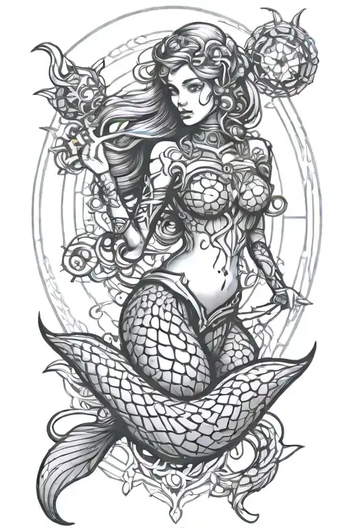Mermaid Full Body Fineline Tattoo Design