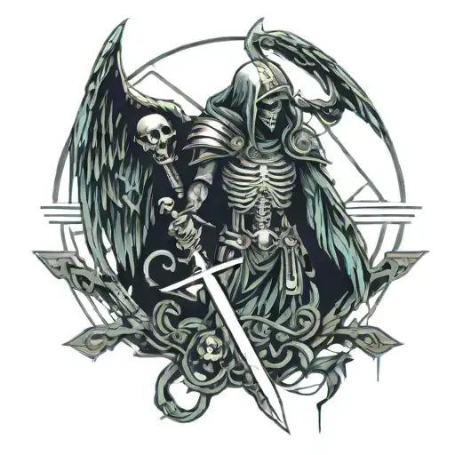 Angel Holding A Sword And A Skull On Its End