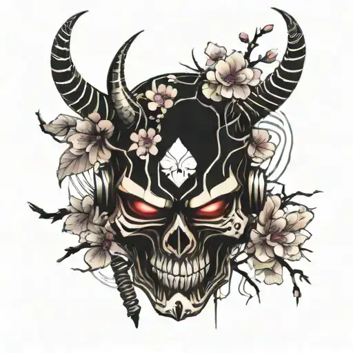 Oni Mask With Skull Craked And Cherry Blossom Flowers Blooming From The Crack
