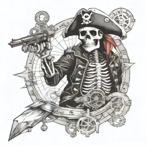 Skeleton Of A Pirate With A Pistol At The Helm Of A Ship