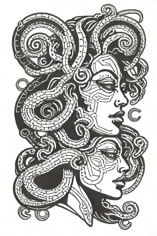 Medusa With Semi Colon On Forehead Wiith Half The Face Sad And Half Screaming