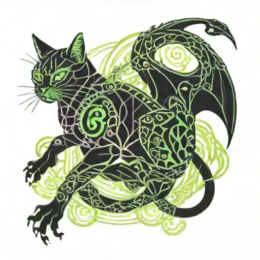 Cat And Dragon With Leafs And Animals