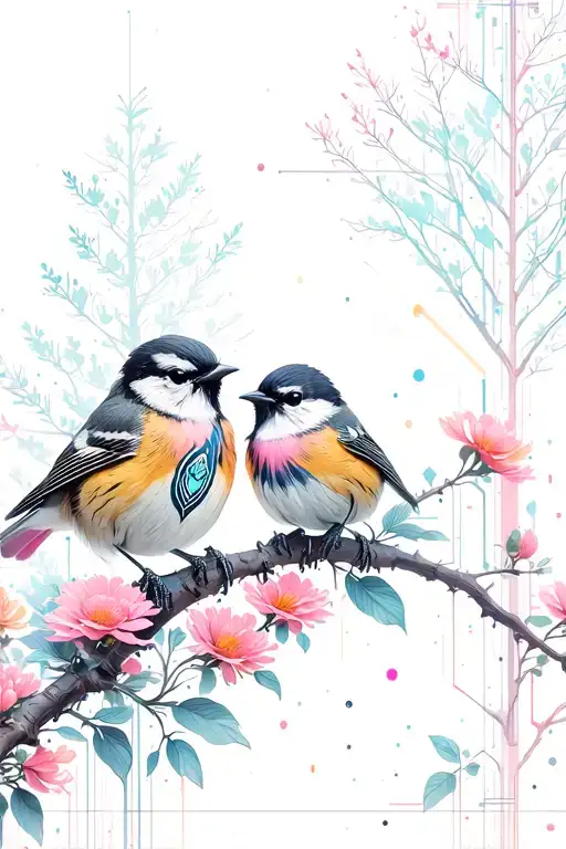 Chickadees Perched On Flowers With Trees In Background