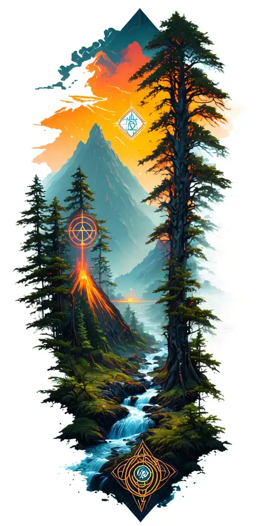 A Dense Forest With A Stream And Volcano In The Background