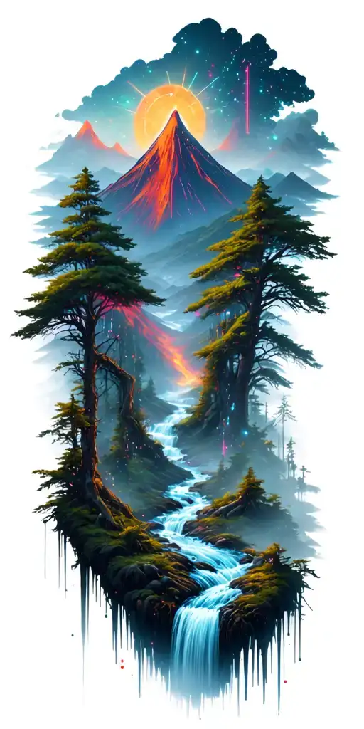 A Dense Forest With A Stream And Volcano In The Background