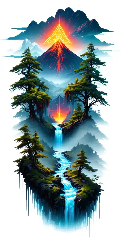 A Dense Forest With A Stream And Volcano In The Background