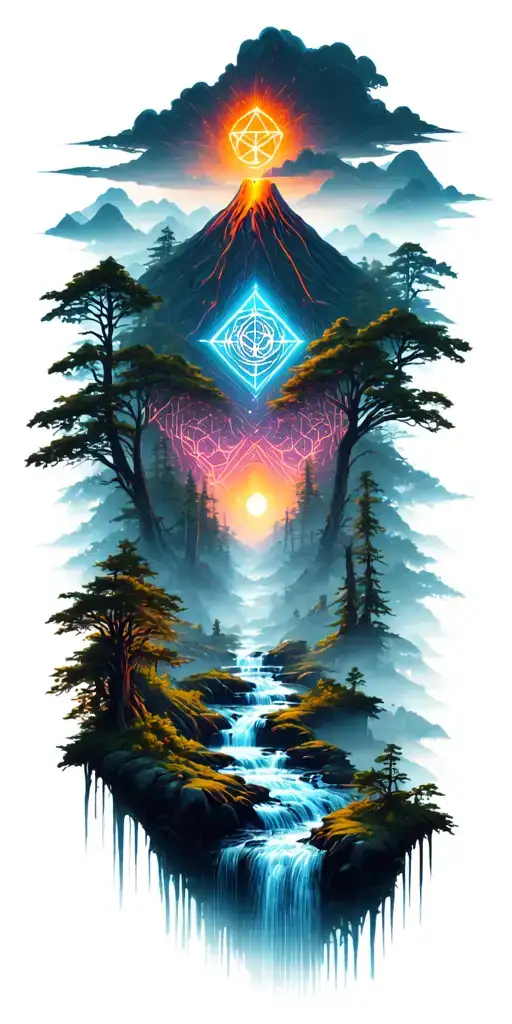 A Dense Forest With A Stream And Volcano In The Background