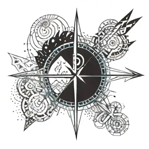 Compass With Mountains Inside And A Fancy Arrow Going All The Way Through The Compass