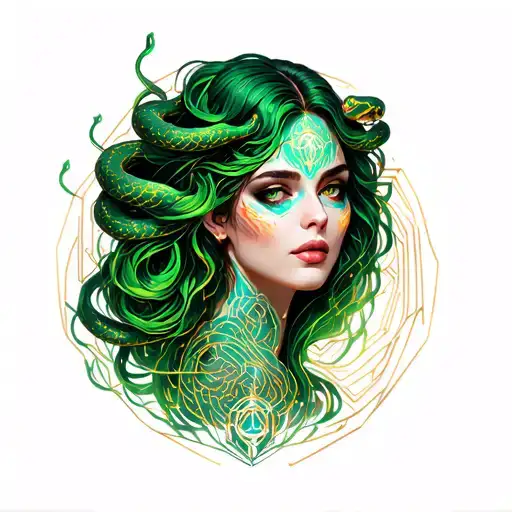 Prett Faced Lady With Green And Gold Snakes For Hair