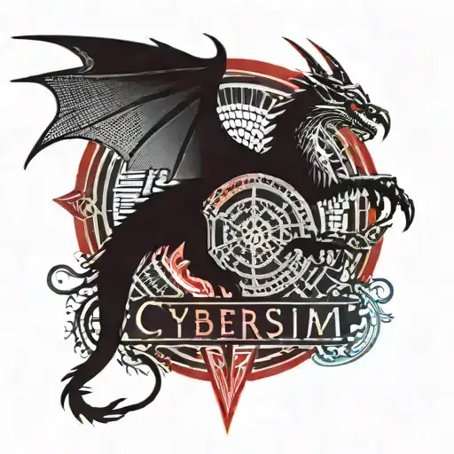 Dragon With Eagle Wings On The Background Of A Red Circle With The Inscription