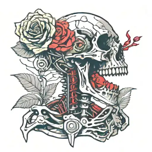 Cyberpunk Skeleton Holding Red Rose In The Mouth