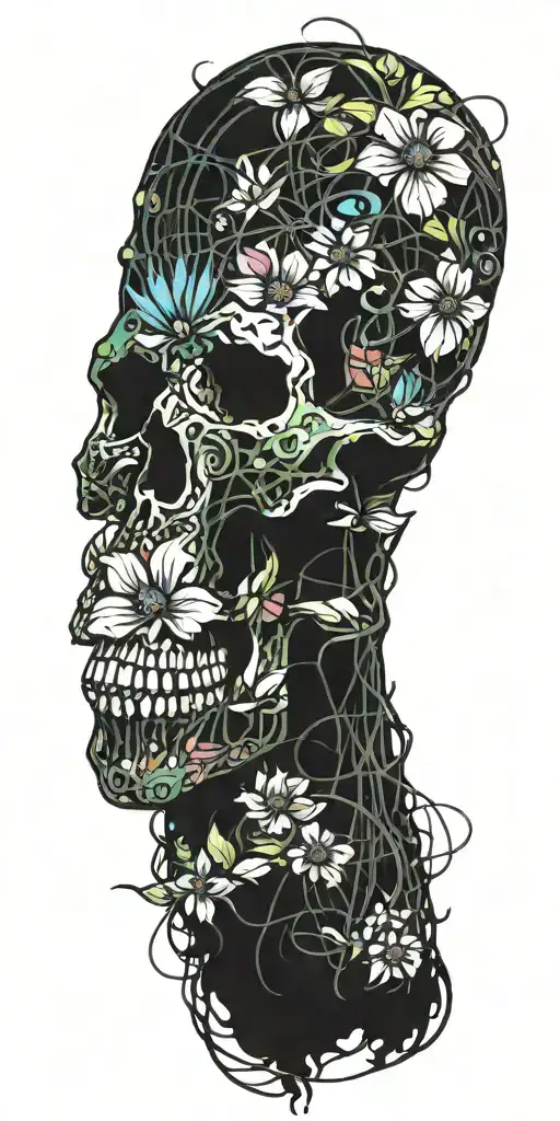 Many Colorful Tropical Flowers With A Skull And A Subtle Strand Of Rusty Barbed Wire