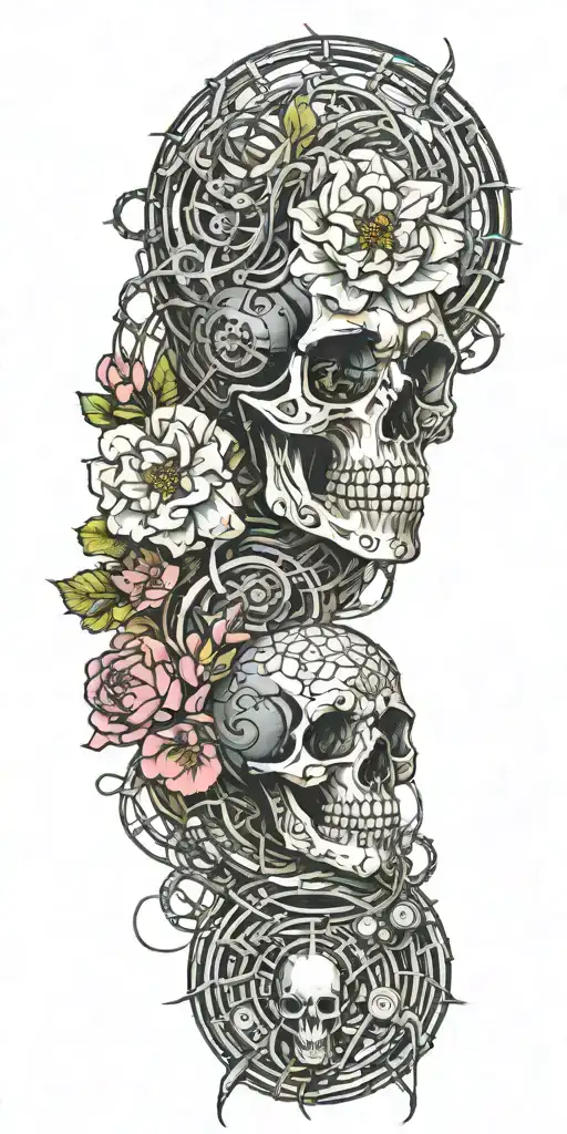 Colorful Peonie And Orchid Sleeve And A Subtle Strand Of Rusty Barbed Wire And One Cthulu Skull