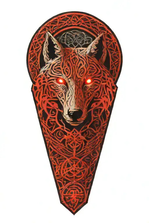 Celtic Dara Knot With Hurt Wolf Intertwined With Celtic Patterns And Raged With Small Red Accents