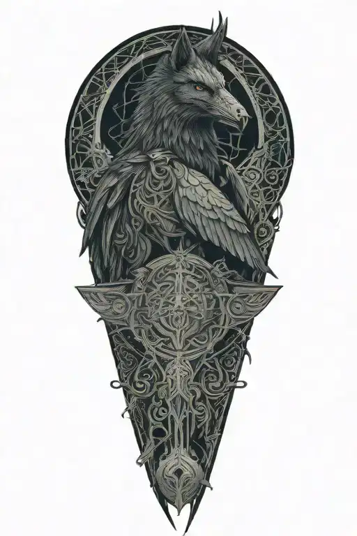 Celtic Raven And Wolf With Celtic Patterns And Axe And Battle Scarred
