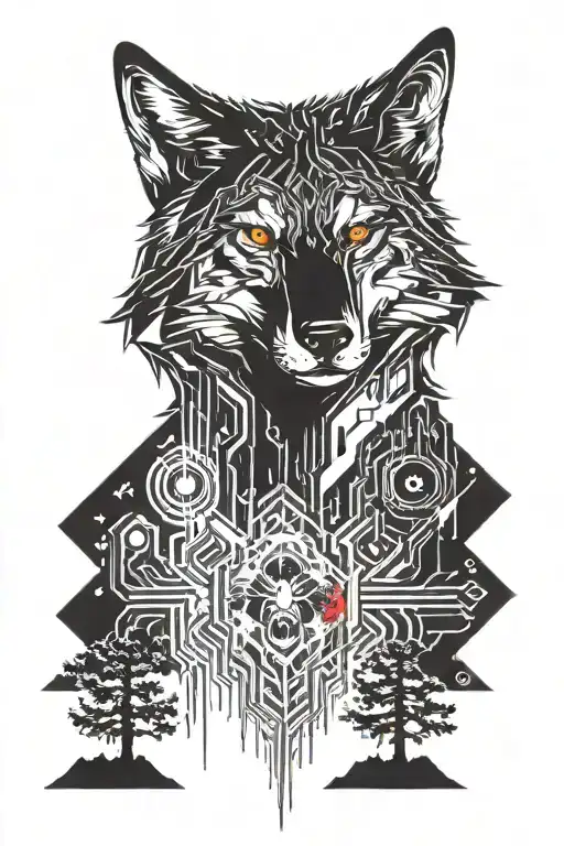 Wolf With Red Eyes With Birds Eye View Of A Haunted Forest For Background