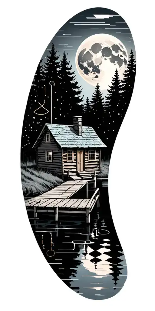 Small Dock Next To A Cabin On A Forest Pond Under The Moon