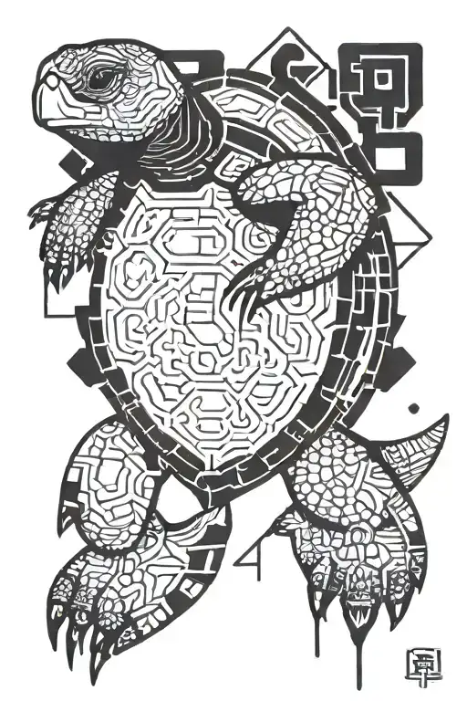A Turtle That Combines Aztec And Cyberpunk Styles