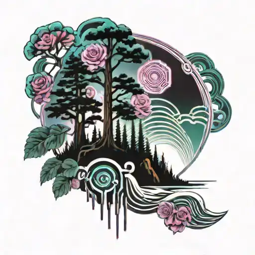 Redwood Trees And Roses And Ocean Wave Crashing