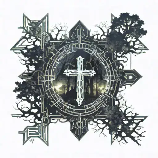 Dark Mystical Forest With A Road And On The End Of The Road A Cross
