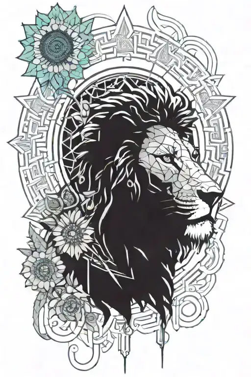 Lion With Woman And Sunflower Blooming