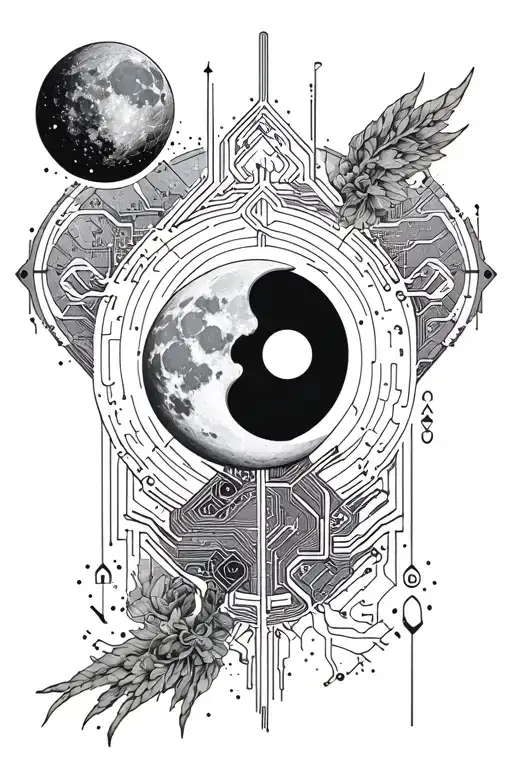 The Moon Tarot Card Fine Line Grey Tattoo Design