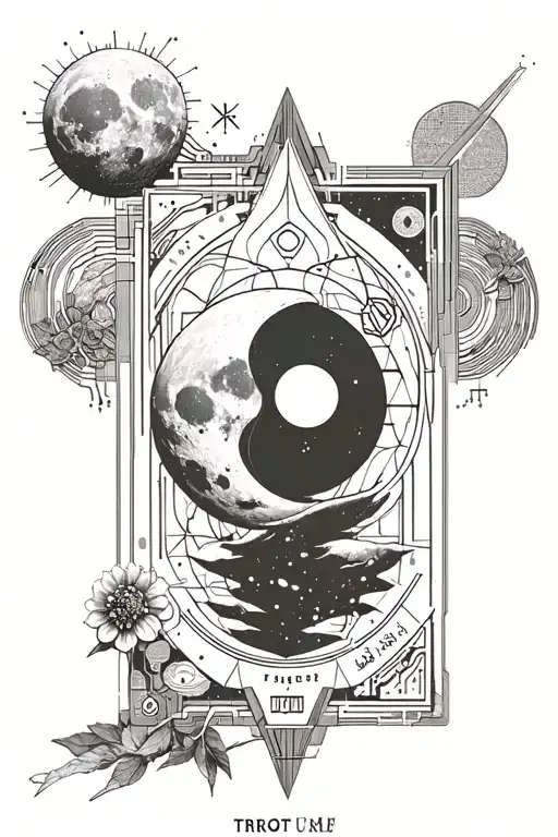 The Moon Tarot Card Fine Line Grey Tattoo Design