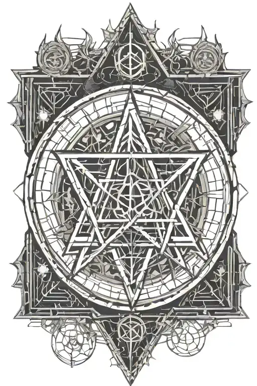 Fine Line Inverted Pentagram With Gothic Castles Behind It