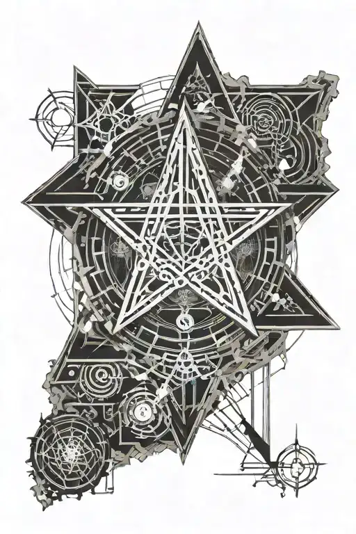 Fine Line Inverted Pentagram With Gothic Castles Behind It