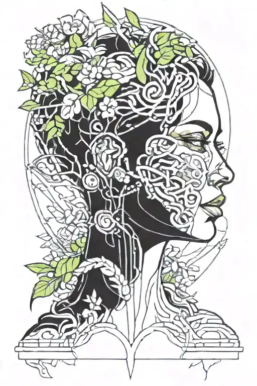 Draw A Portrait Of An Androgynous Person Surrounded By Plants In A Futuristic Art Nouveau Style