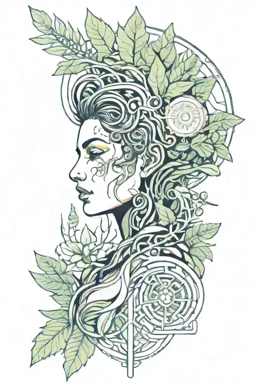 Draw A Portrait Of An Androgynous Person Surrounded By Plants In A Futuristic Art Nouveau Style