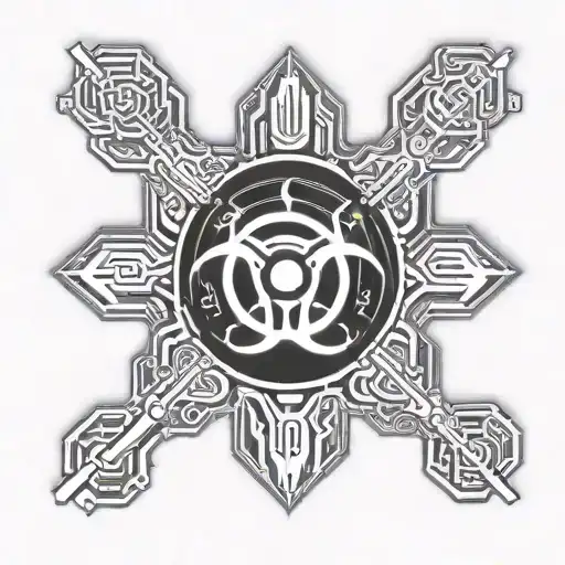 Biohazard Tattoo On Elbow In Cyber Sigilism Style