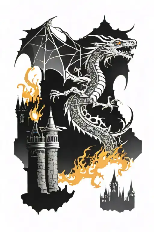Dragon Guarding A Castle With A Gothic Cemetery Behind Gothic Gates On The Fire Ground
